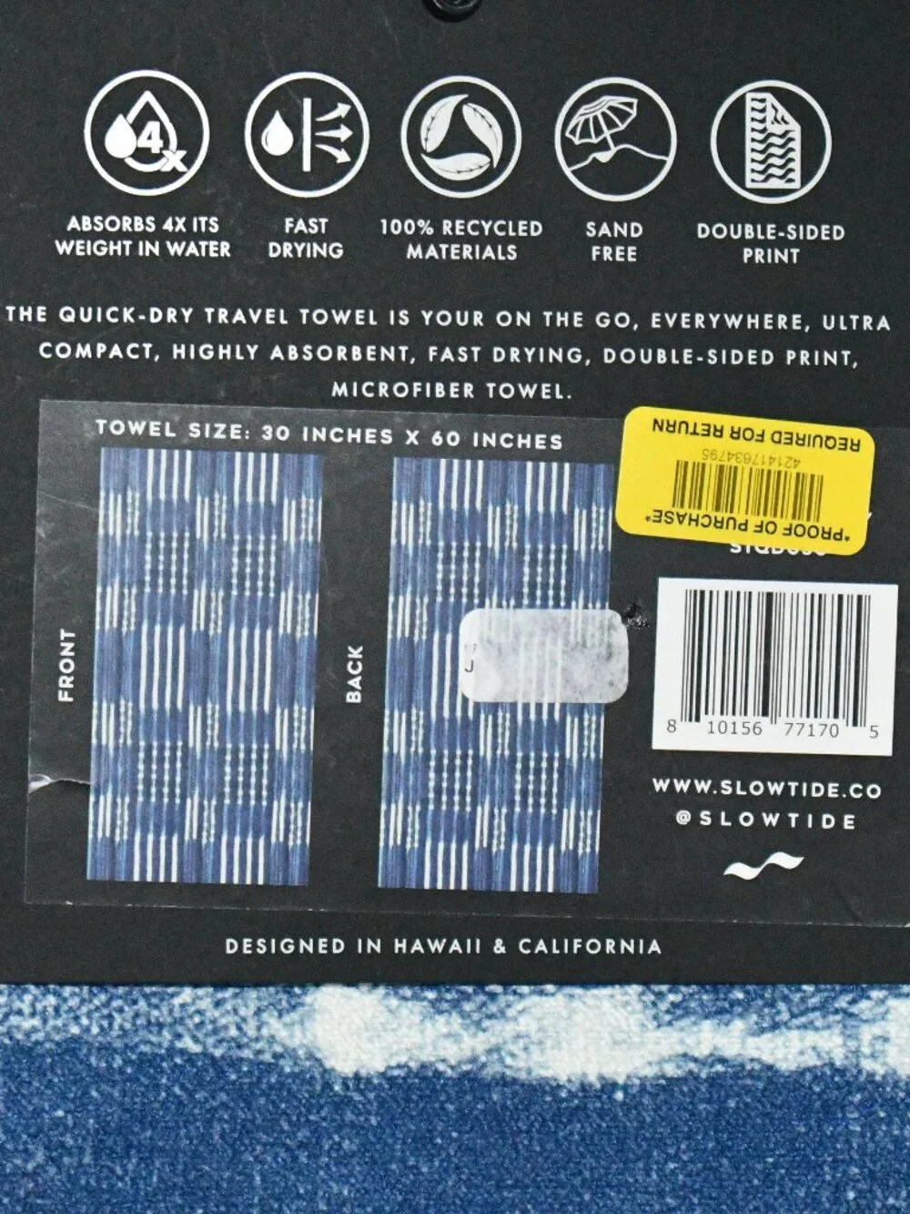 Slowtide Performance Quick-Dry Towel 30x60 Blue Sand-Free Recycled NWT Conditio
